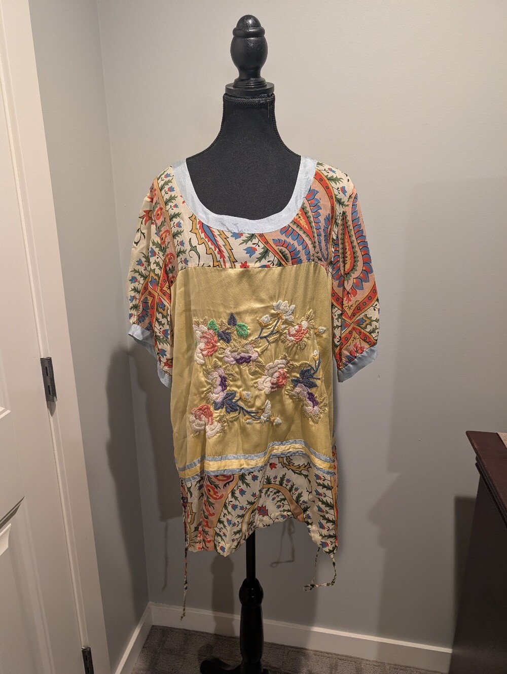 Johnny Was Boho Embroidered Floral Patchwork Top in Yellow and Multicolor